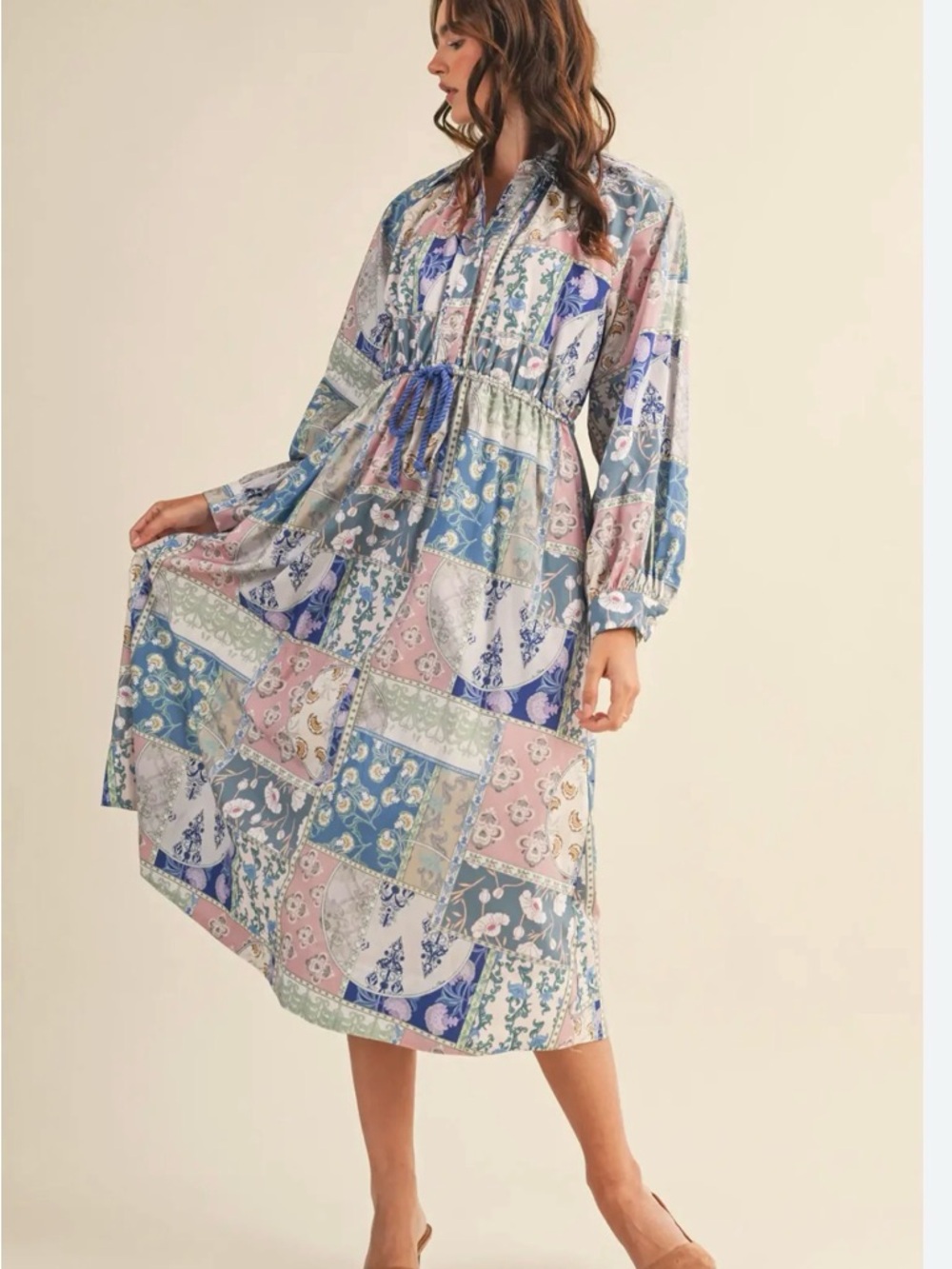Patchwork Floral Tie-Waist Midi Dress — Blue & Pink